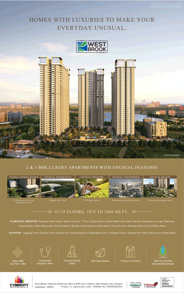 Book 2 & 3 BHK luxury apartments with unusual features at Cybercity Westbrook, Hyderabad Update