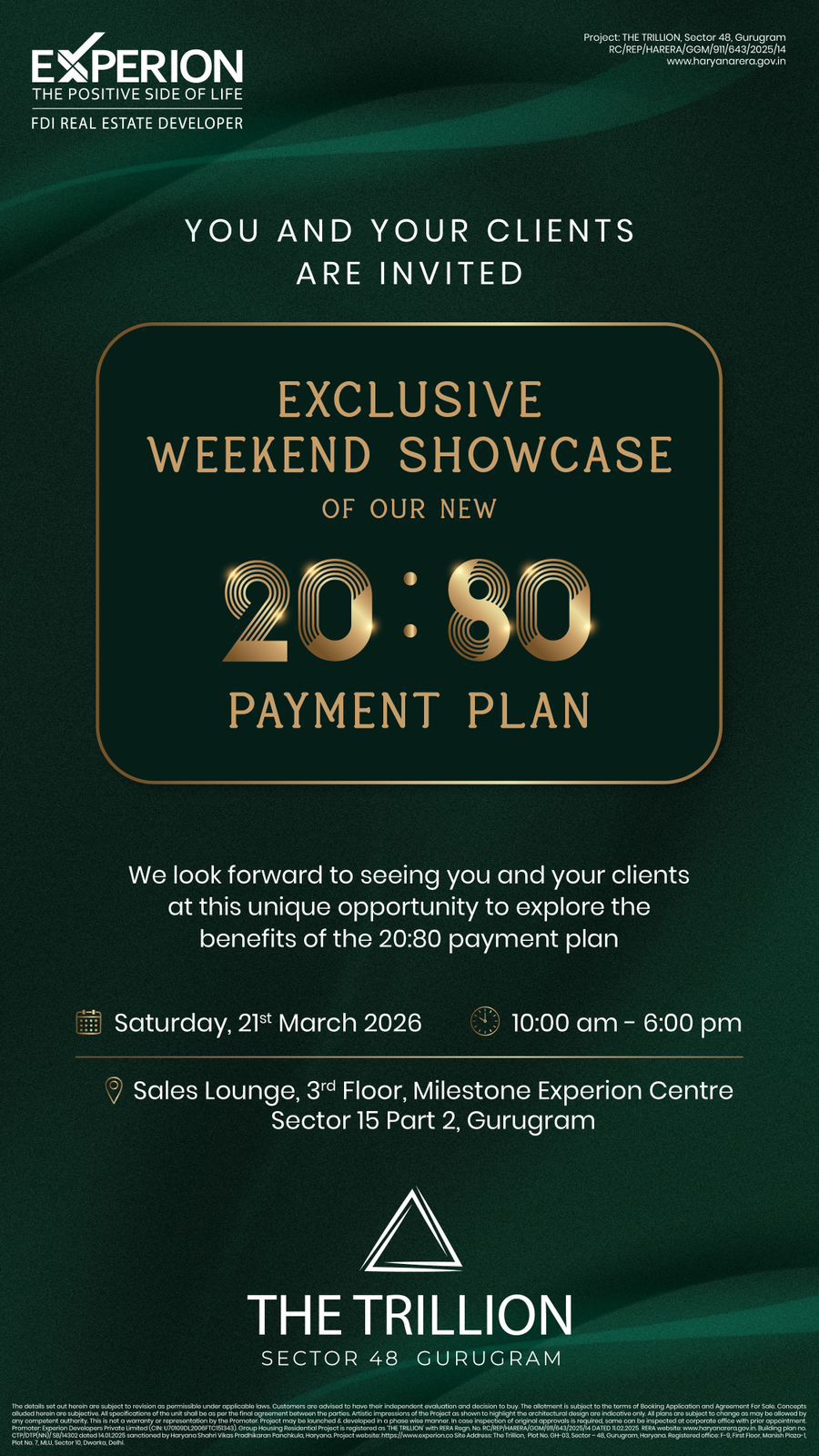 Discover the 20:80 Payment Plan at Experion || Join Our Exclusive Showcase at The Trillion || Explore Benefits of Flexible Payment on 21st March Update