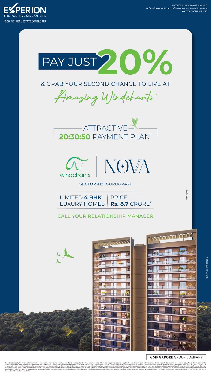 Pay Just 20 Percent, Windchants, Luxury Homes in Gurugram, Rs. 8.7 Crore, by Experion Update