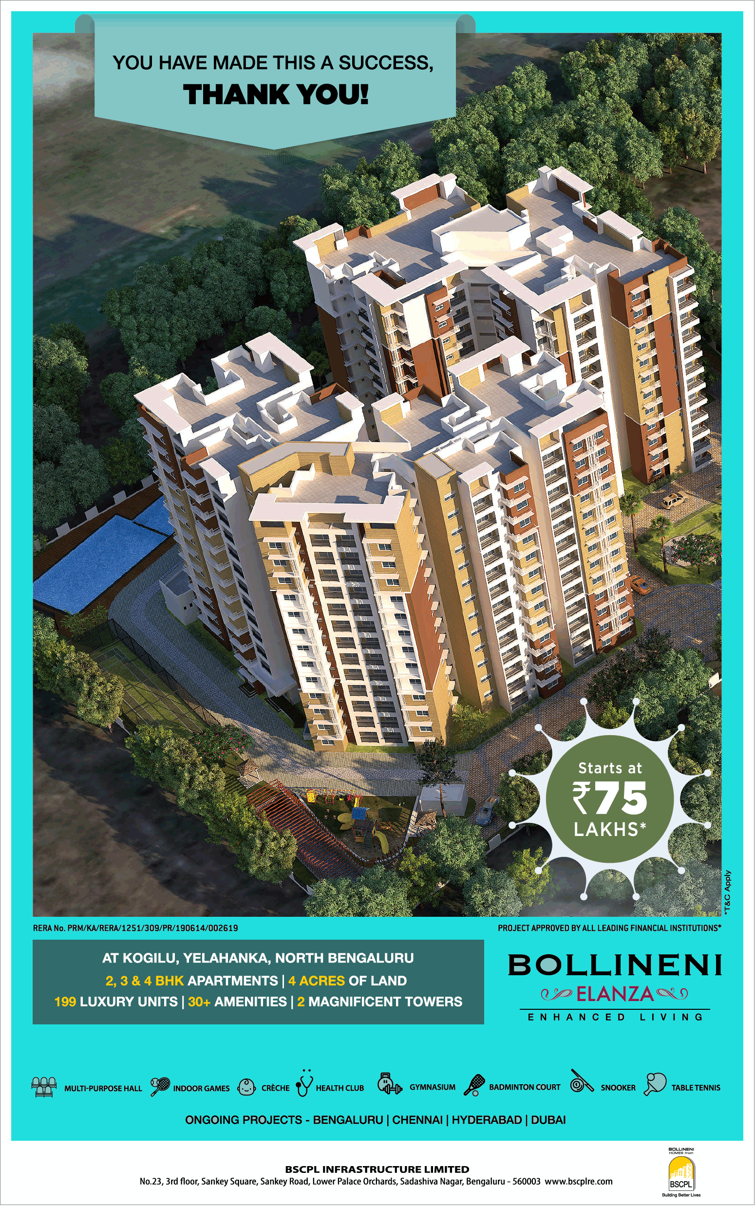 Apartment starting at Rs 75 lakh onwards in Bollineni Elanza, Bangalore Update