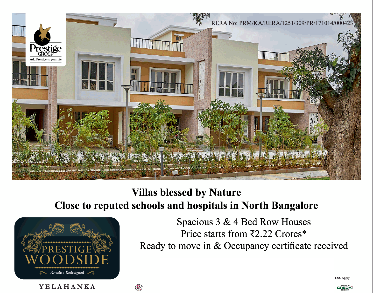Ready to move in & occupancy certificate received at Prestige Woodside, Bangalore Update
