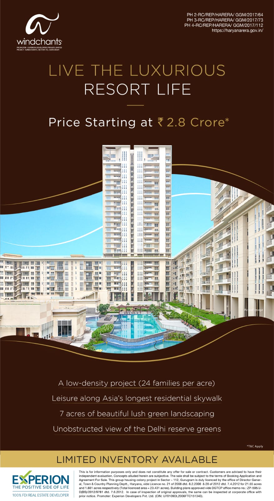 Limited inventory available at Experion Windchants, Gurgaon Update