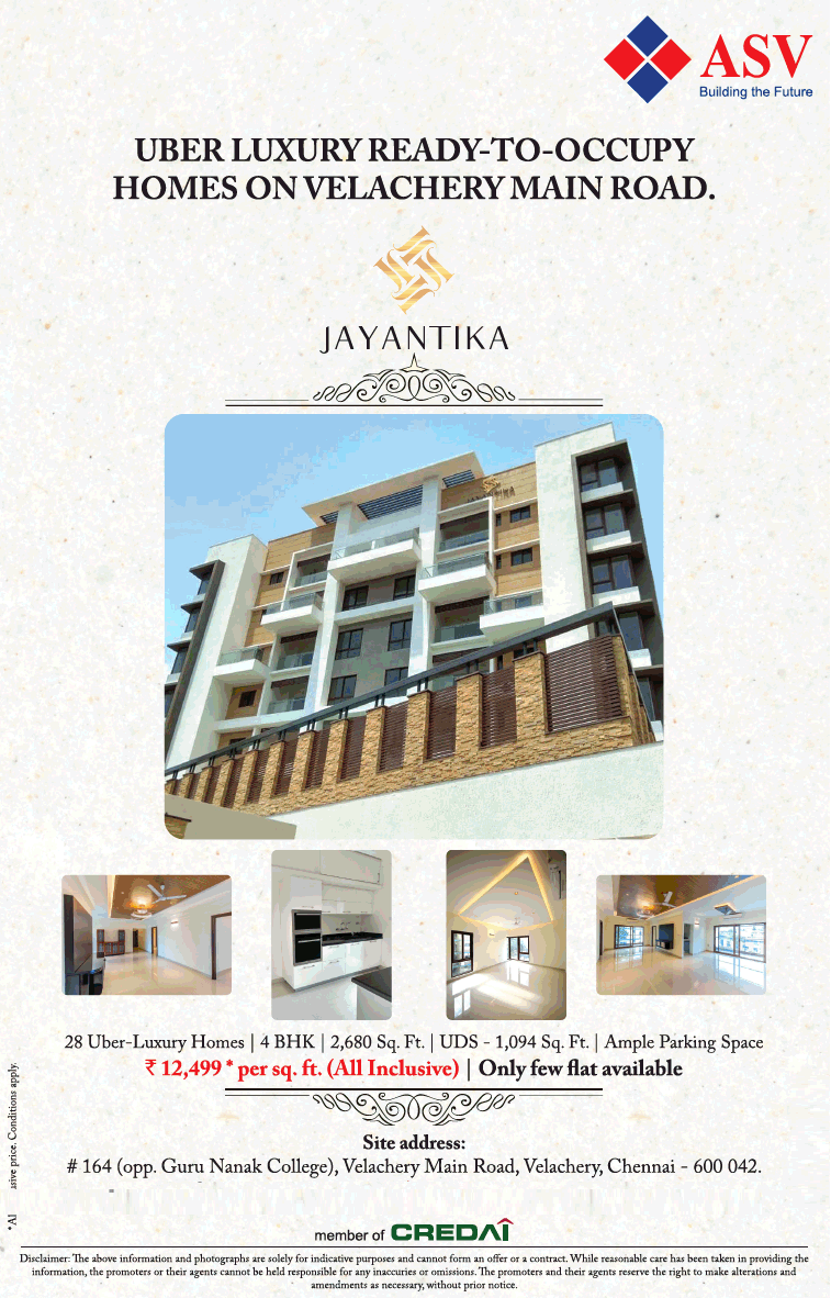 ASV Jayantika uber luxury ready-to-occupy homes on Velachery Main Road, Chennai Update