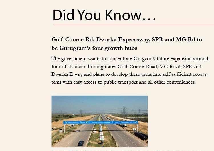 Golf Course Rd, Dwarka Expressway, SPR and MG Rd to be Gurugram's four growth hubs Update