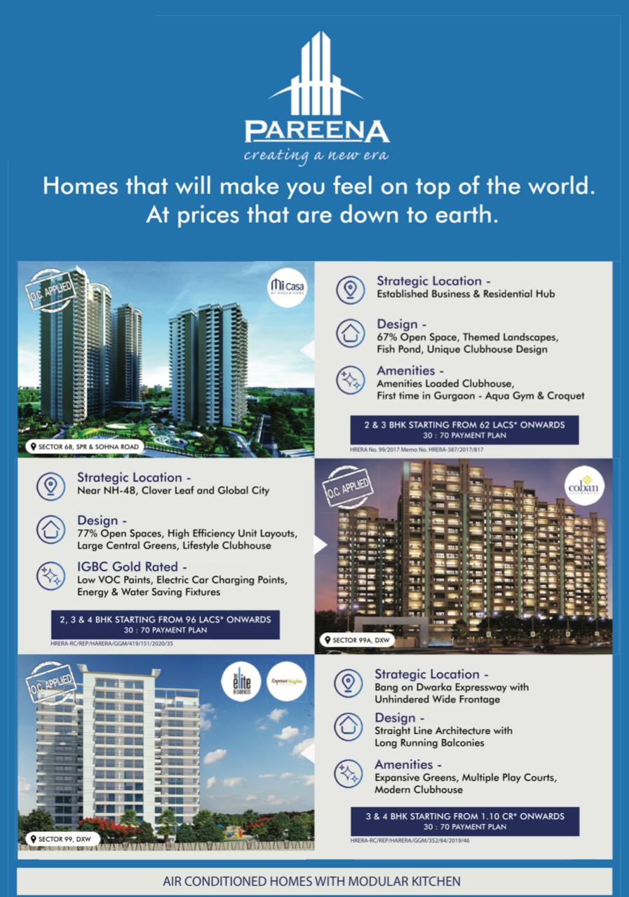 Pareena Homes that will make you feel on top of the world at prices that are down to earth. Update