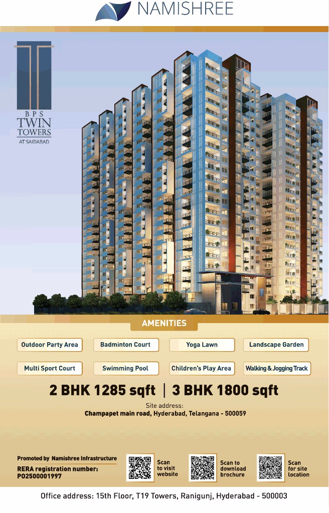Luxury amenities at Namishree BPS Twin Towers in Saidabad, Hyderabad Update