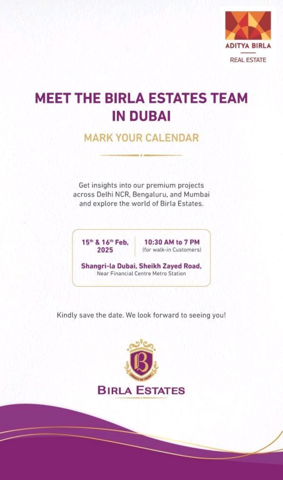 Discover Premium Projects by Aditya Birla in Dubai, 15th & 16th Feb 2025, Shangri-La Hotel Update