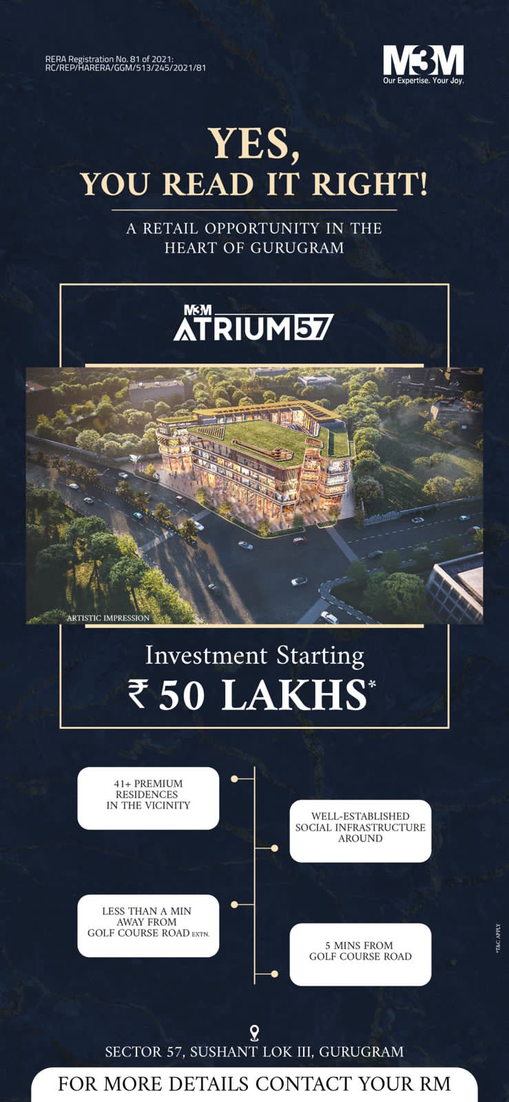 Investment starting Rs 50 Lac at M3M Atrium 57, Gurgaon Update