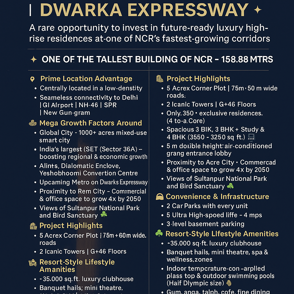 Invest in Luxury Living at Dwarka Expressway, Starting at 4.0 Crs Update