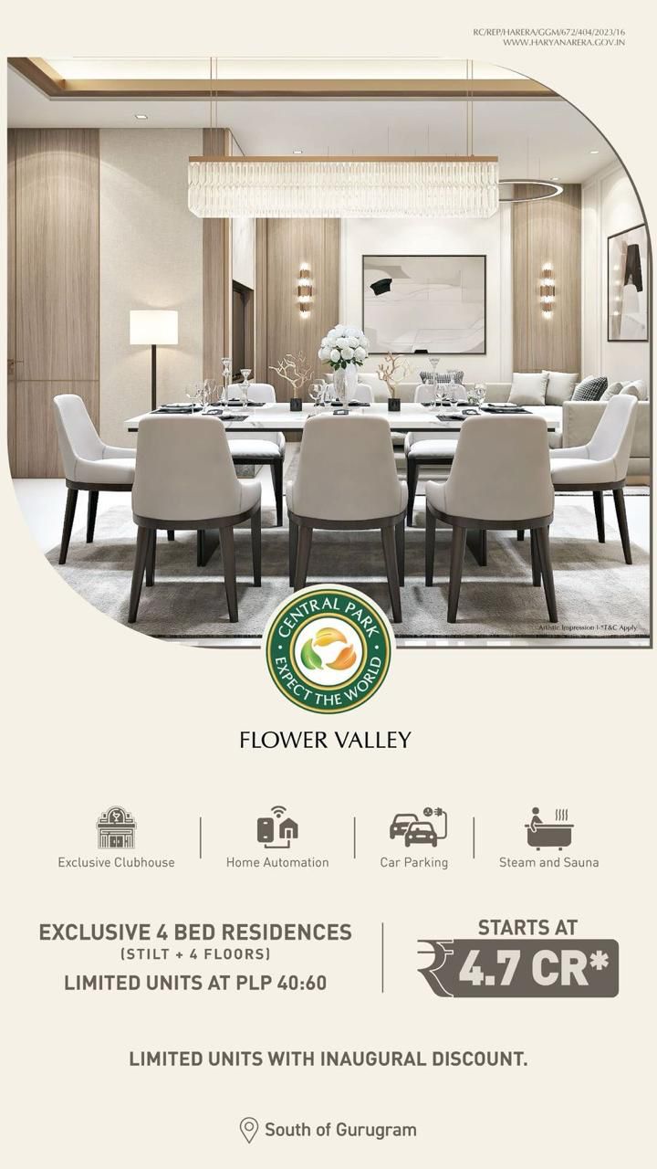 Luxurious Living at Central Park Flower Valley, South of Gurugram, Starting at 4.7 Cr Update