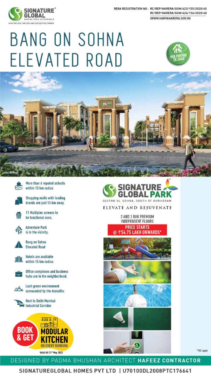 Book 2 and 3 BHK premium independent floors Rs 54.75 Lac at Signature Global Park in sector 36, Sauth of Gurgaon Update