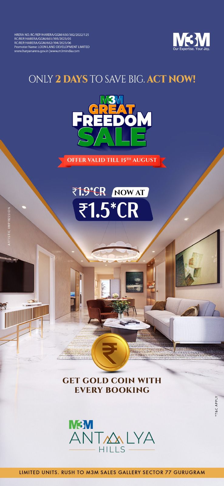 M3M Antalya Hills, Special Offer till 15th August, Now at ₹1.5CR, Sector 77 Gurugram Update