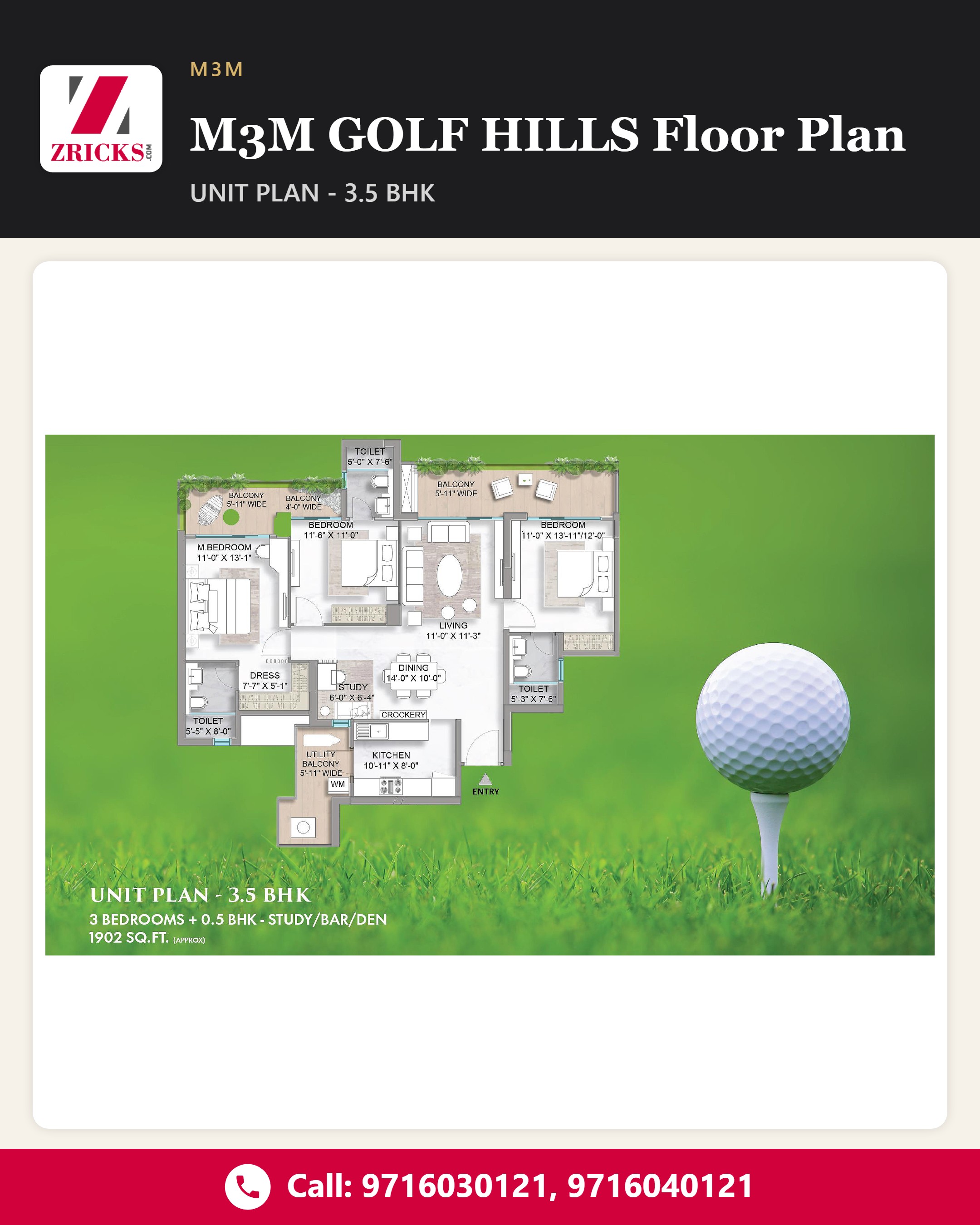 M3M GOLF HILLS Floor Plan: 3.5 BHK (1902 sq ft) With Study Update