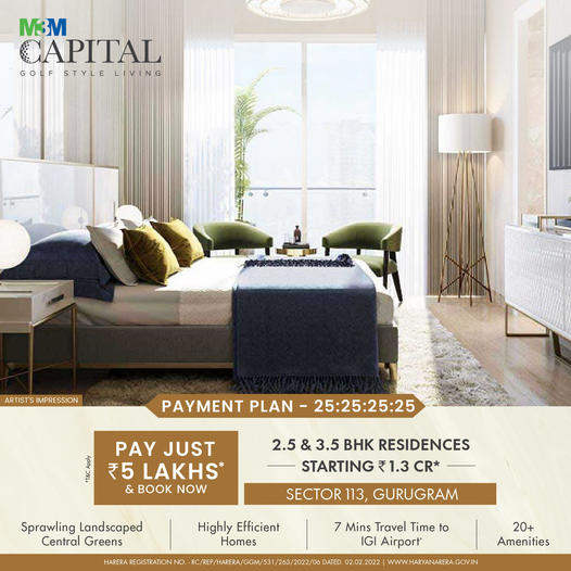 Pay just Rs 5 Lac and book now 2.5 and 3.5 BHK Residences at M3M Capital in Sector 113, Gurgaon Update