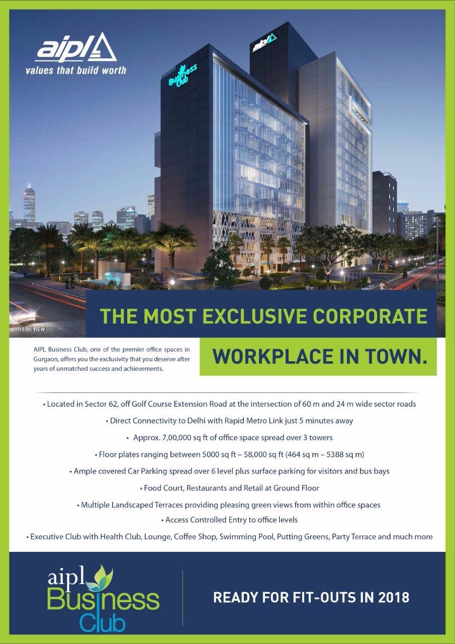 Aipl Business Club - The most exclusive corporate workplace in Gurgaon is ready for fit outs in 2018 Update