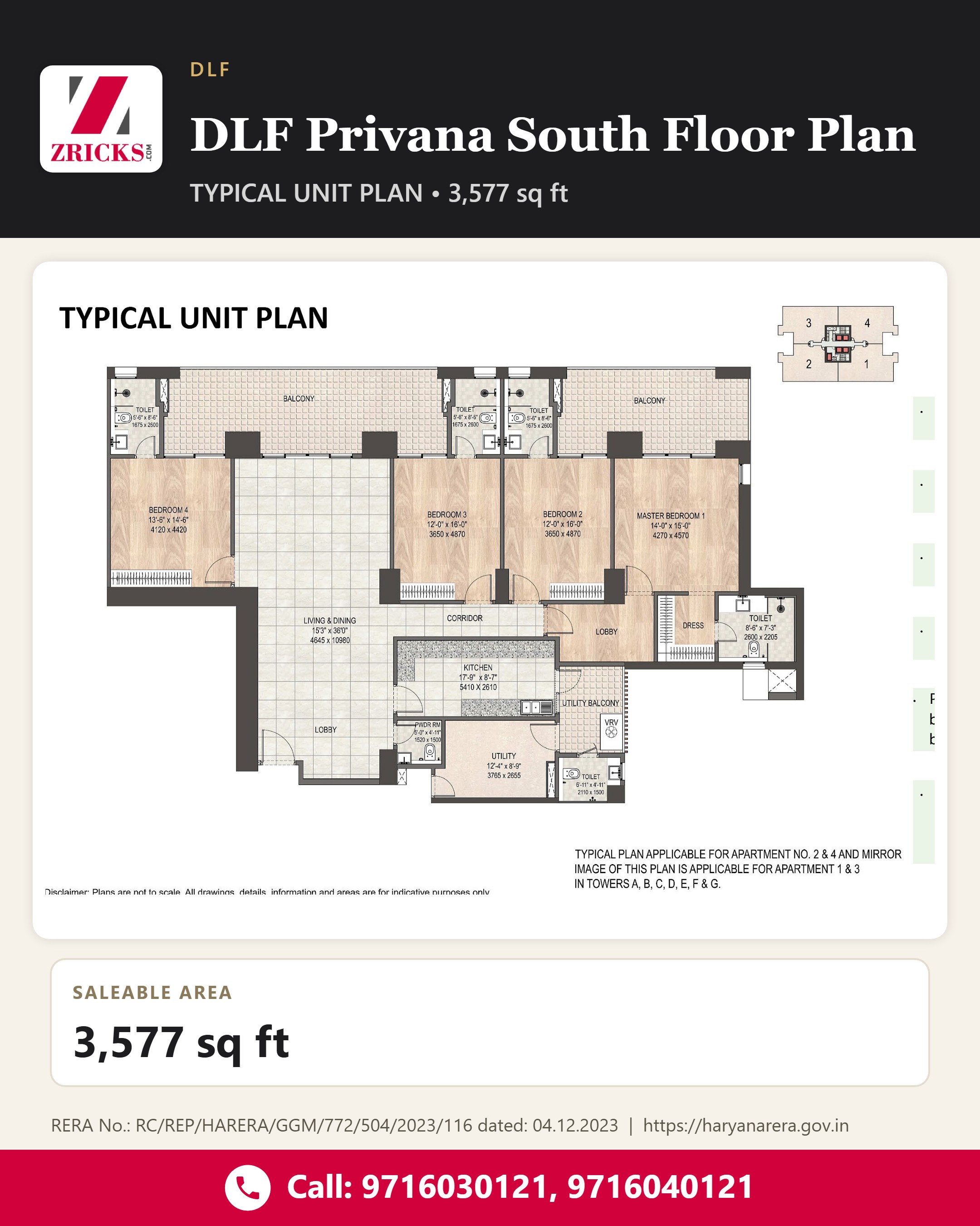 DLF Privana South Floor Plan: 4 BHK + S (3577 sq ft) photo 1