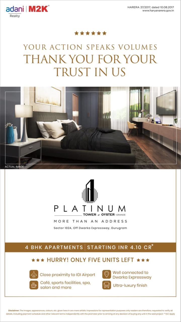 Book 4 BHK apartments price starting Rs 4.10 Cr at Adani Oyster Platinum Tower, Gurgaon Update