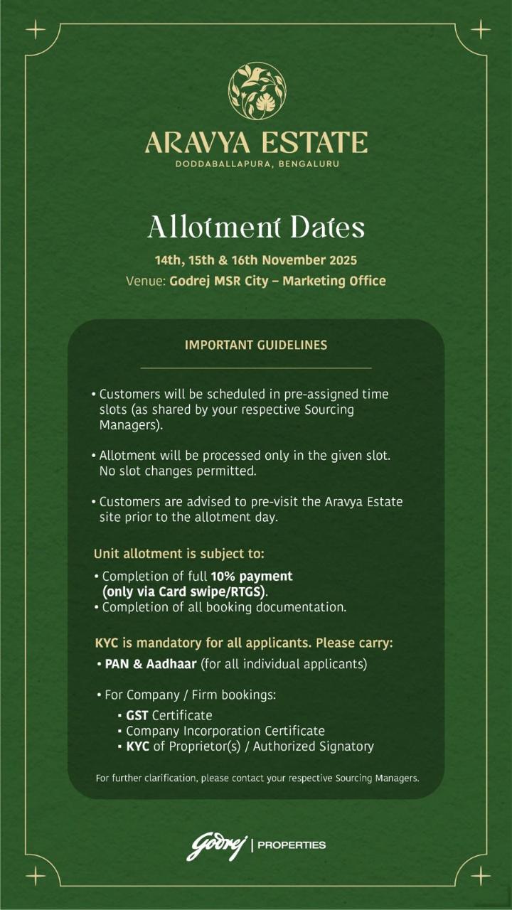 Join ARVAYA ESTATE Allotment Event, Godrej MSR City, Dodballapur, 14th-16th November 2025 Update
