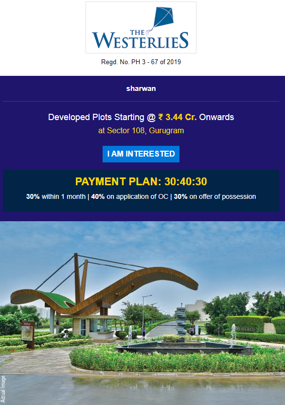 Developed plots @ Rs. 3.44 Cr. onwards at Experion The Westerlies, Gurgaon Update
