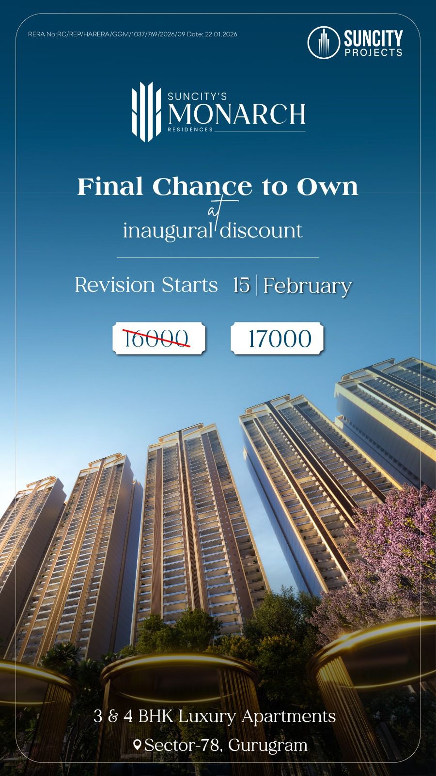 Own Your Dream Home in Suncity's Monarch, Sector 78, Gurugram at Rs 17000 per sq. ft. Update