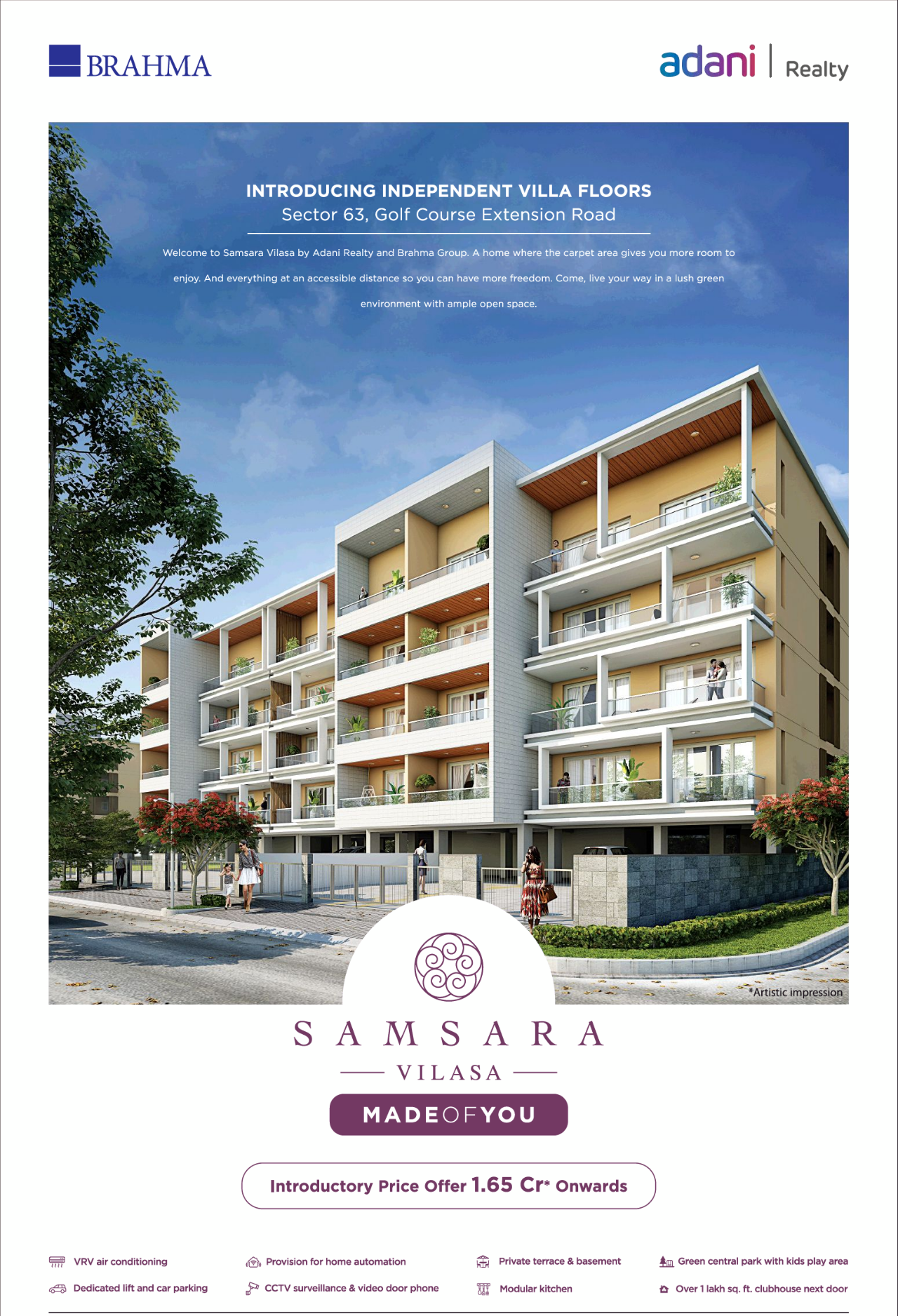 Adani Brahma introducing independent villa floors at Samsara Vilasa in Gurgaon Update