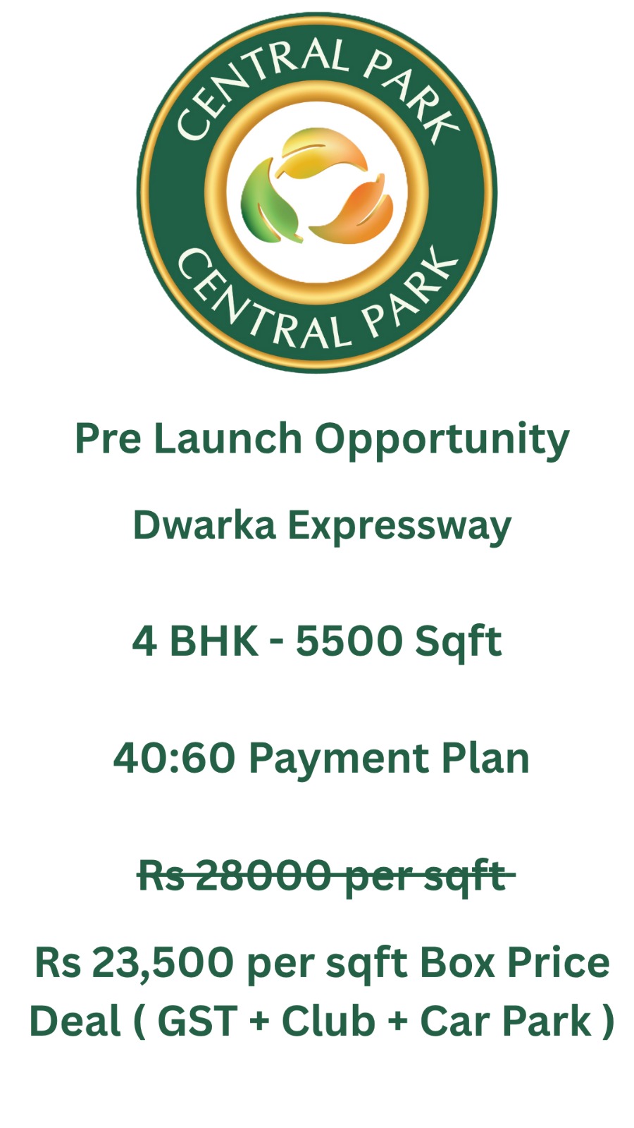 Pre Launch Offer: Central Park, Dwarka Expressway - 4 BHK, Rs 23,500/sqft Update