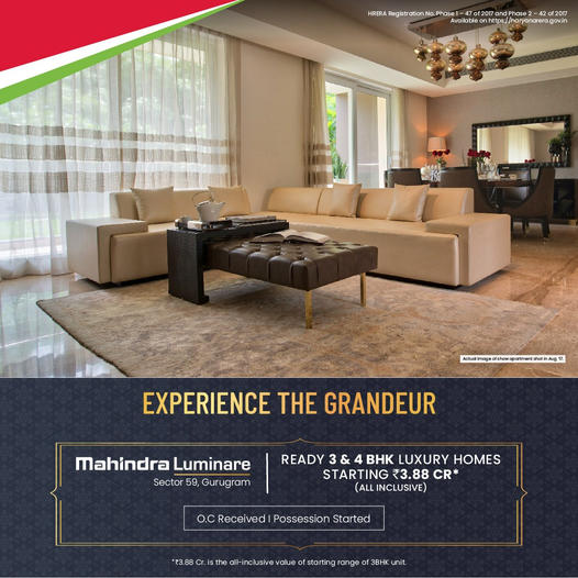 Mahindra Luminare Offering 3 & 4 BHK Luxury Homes @ 3.88 Cr.* at Sector 59 Gurgaon Update