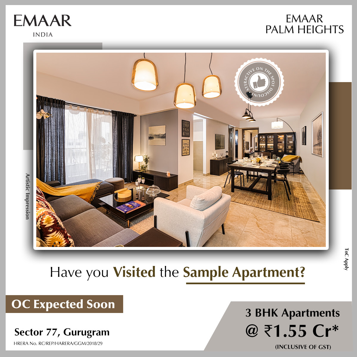 Book 3 BHK apartments Rs 1.55 Cr at Emaar Palm Heights in Sector 77, Gurgaon Update