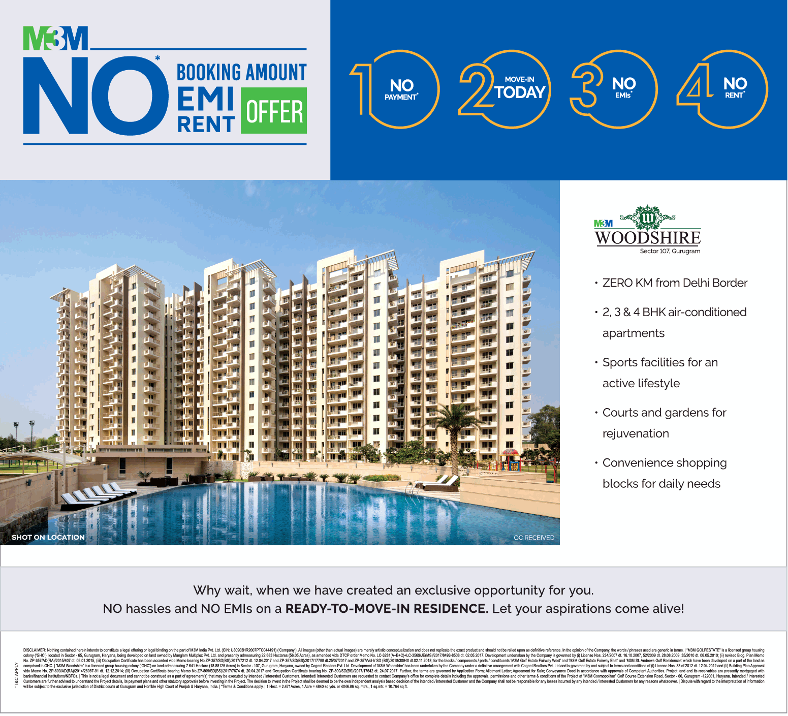 No hassles and no EMIs on a ready-to-move-in residence at M3M Woodshire in Sector 107, Gurgaon Update
