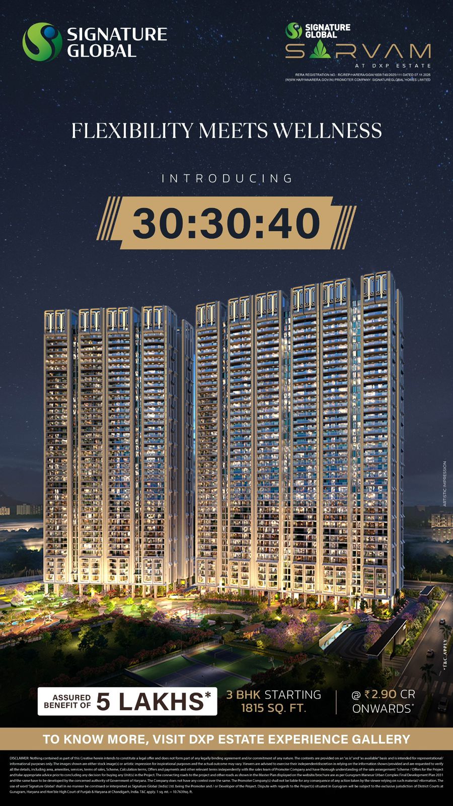 Explore the 30:30:40 Payment Plan at Sarvam || Experience Wellness at DXP Estate || Secure Your 3 BHK with Signature Global Update