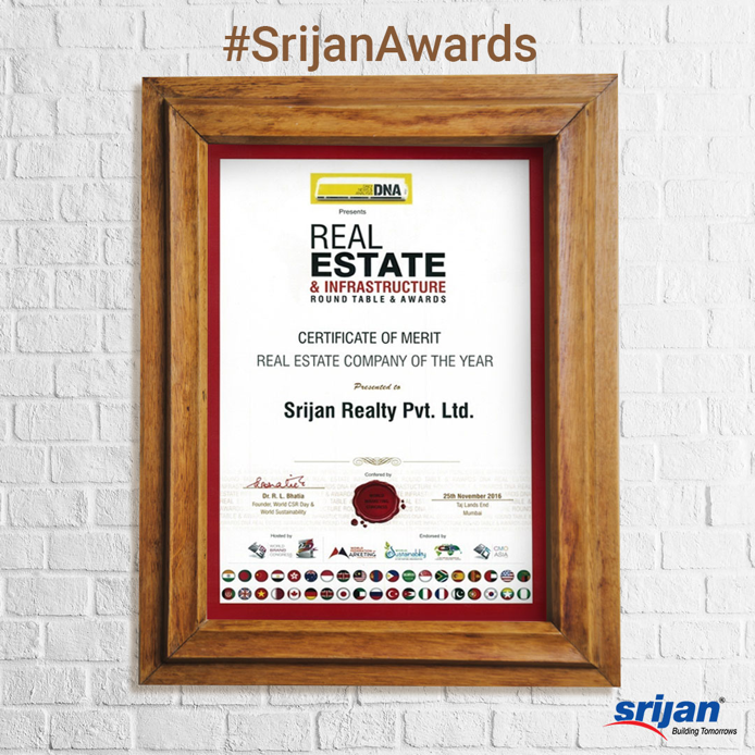 Srijan Realty awarded CERTIFICATE OF MERIT FOR REAL ESTATE COMPANY OF THE YEAR Update