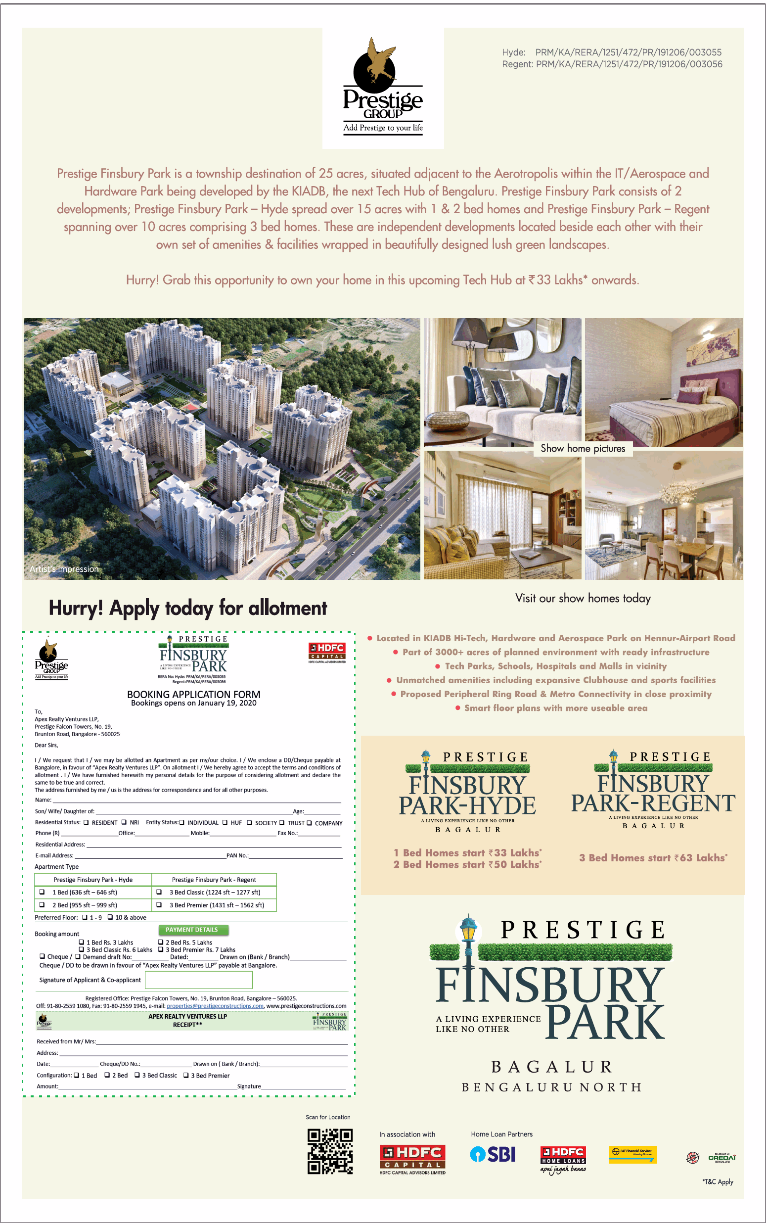 Book 1, 2 & 3 bed apartments Rs 33 Lac at Prestige Finsbury Park, Bangalore Update