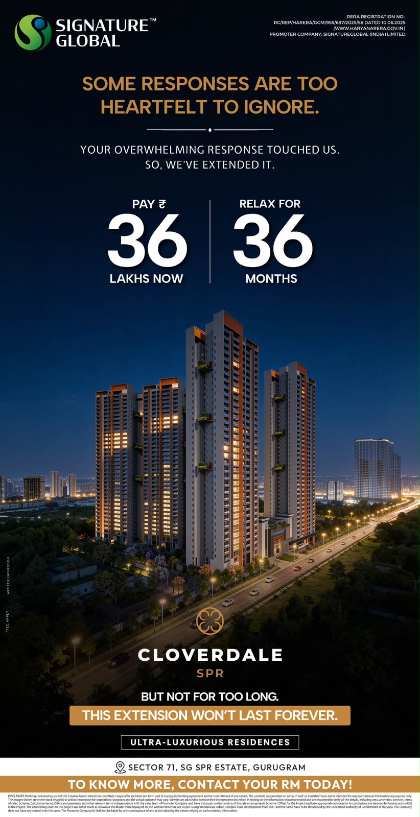 Extend Your Payment Plan at Signature Global || Limited Extension Alert: Cloverdale SPR || Pay ₹36 Lakhs Now, Relax for 36 Months! Update