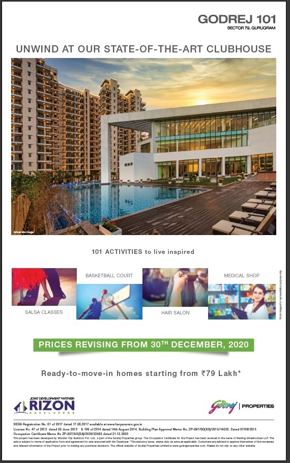 Ready-to-move-in homes starting from Rs 79 lakh at GODREJ 101, Gurgaon Update