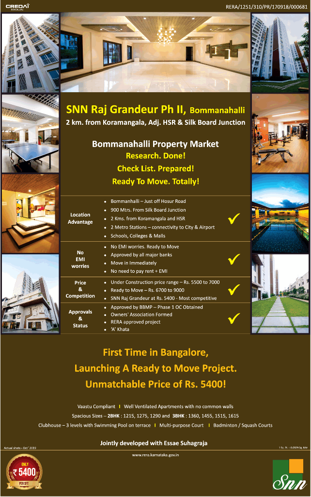 First time in Bangalore, launching a ready to move project at SNN Raj Grandeur, Bangalore Update