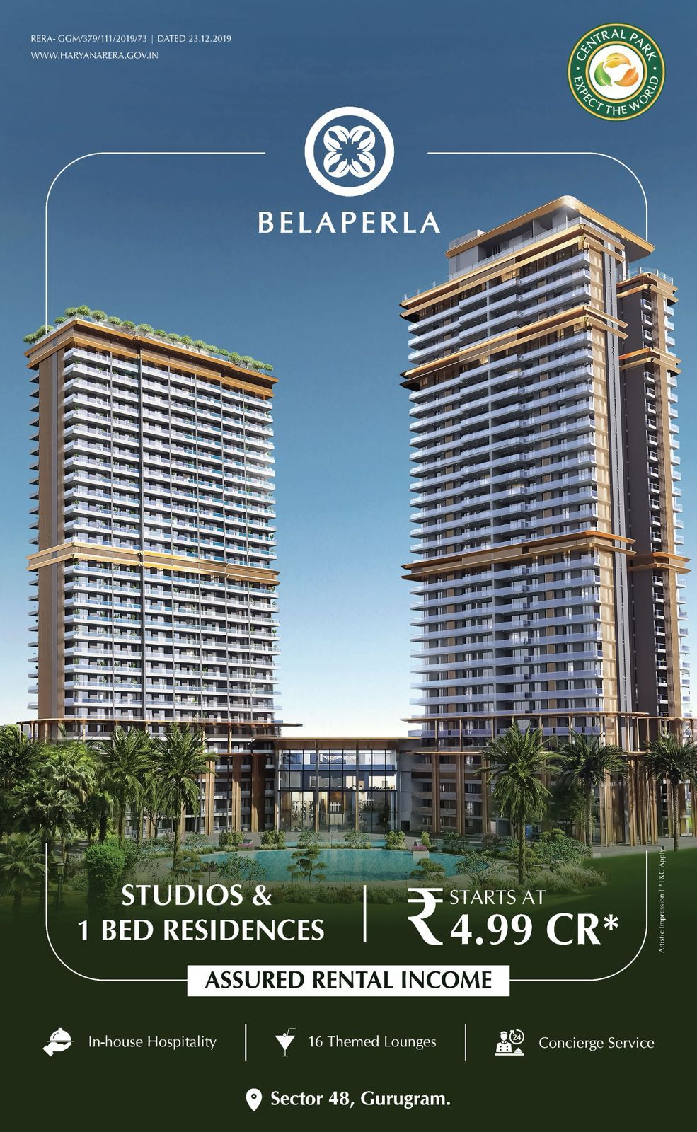 Exclusive Studios & 1 Bed Residences at Belaperla by Central Park, Sector 48, Gurugram from ₹4.99 Cr Update