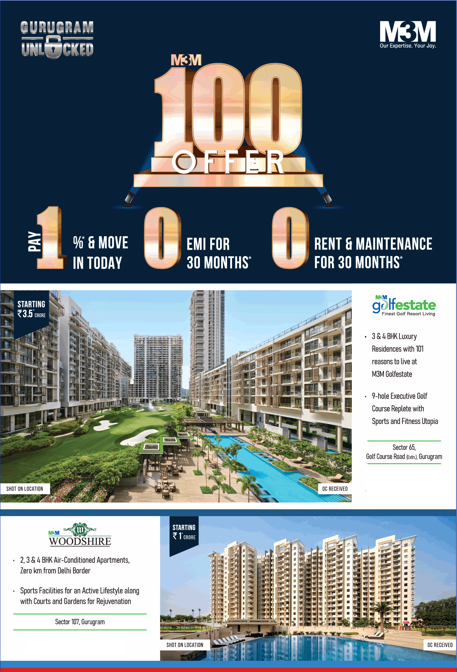 M3M 100 Offer at M3M Golf Estate, Sector 65 and M3M Woodshire, Sector 107 in Gurgaon Update