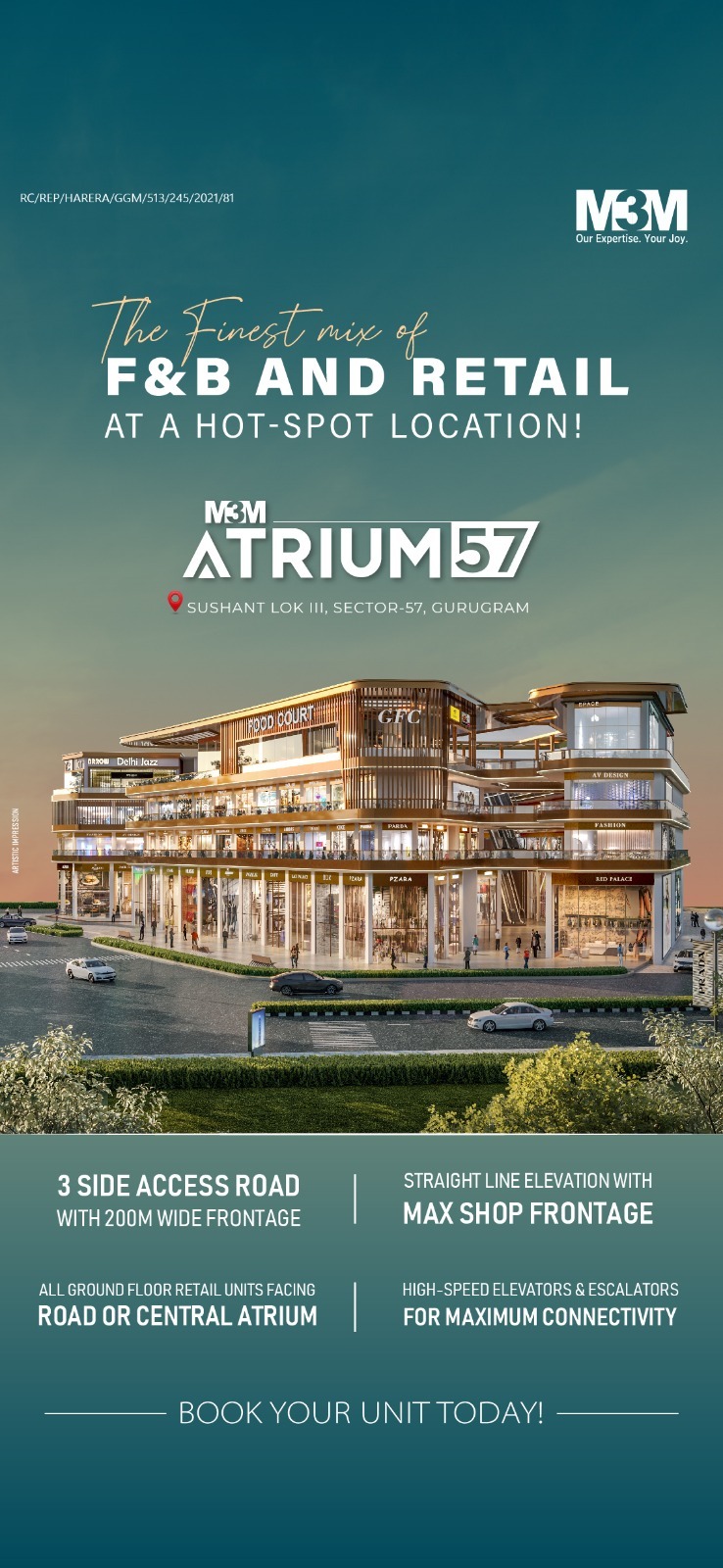 Straight line elevation with max shop frontage at M3M Atrium 57, Gurgaon Update