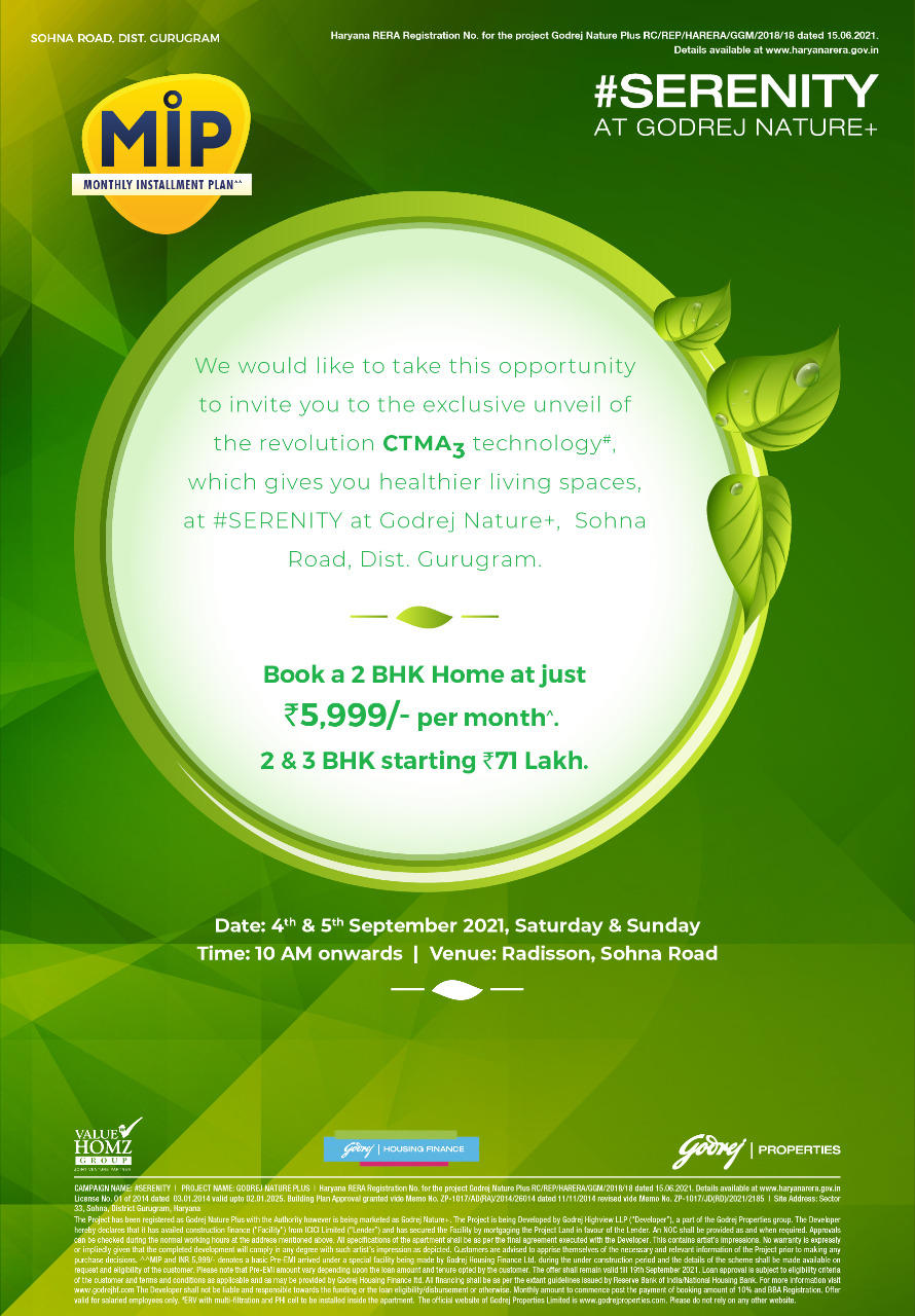 Book a 2 BHK home at just Rs 5,999/- per month at Godrej Nature Plus in Sohna, Gurgaon Update