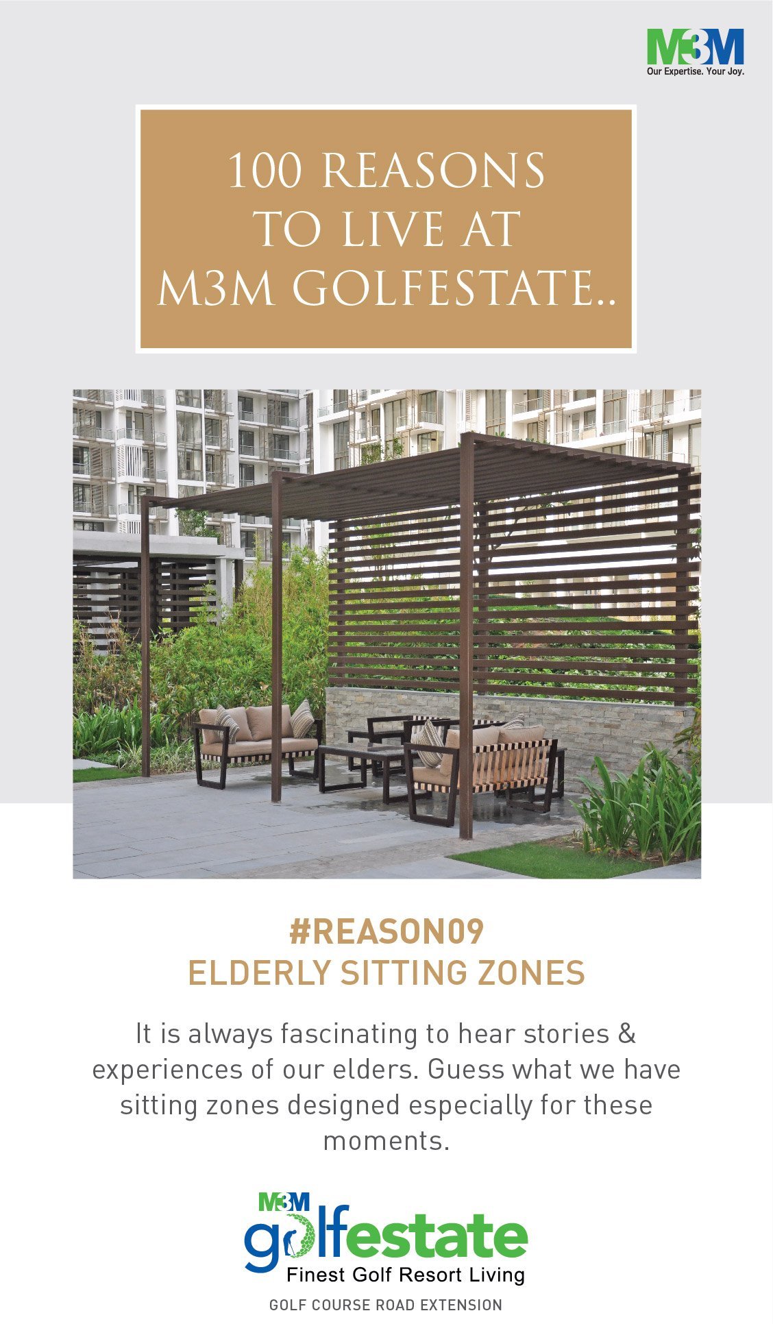 Sitting zones designed to listen stories from your elders at M3M Golf Estate Update
