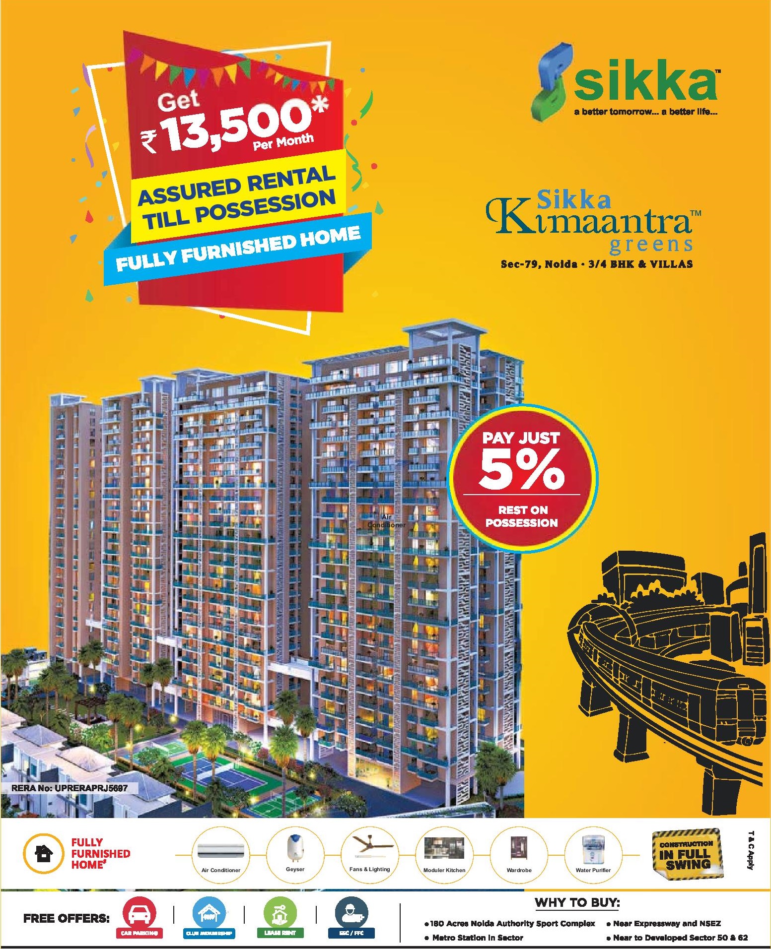 Get Rs. 13500 pm assured rental till possession at Sikka Kimaantra Greens in Noida Update