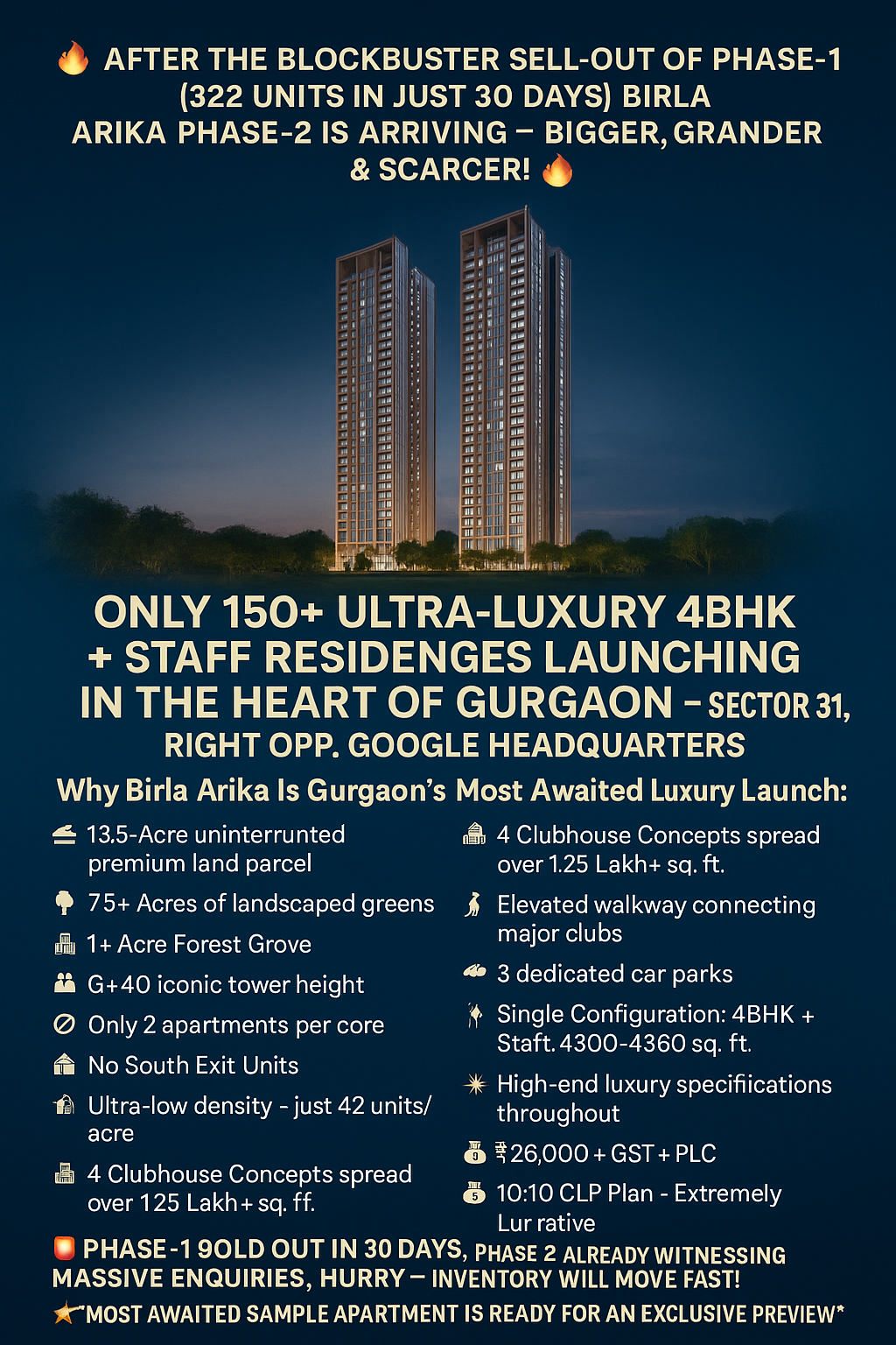 Birla Arika Phase-2 Launching Soon in Gurgaon, Luxury 4BHK Residences Starting at ₹26,000+GST Update