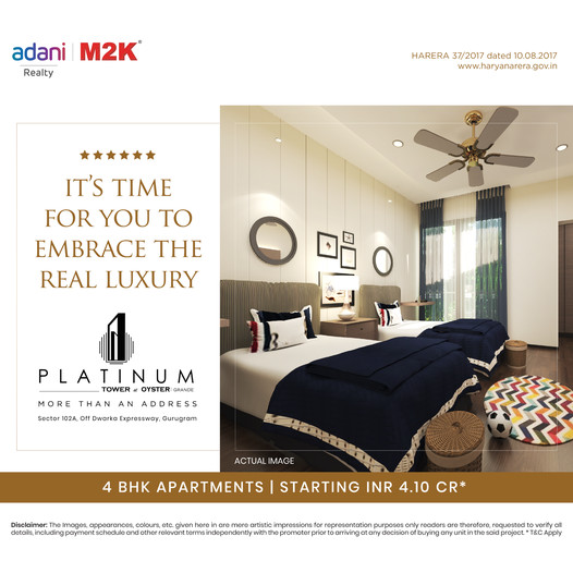 Adani Oyster Platinum Tower Presenting 4 BHK apartments price starting Rs 4.10 Cr, Gurgaon Update